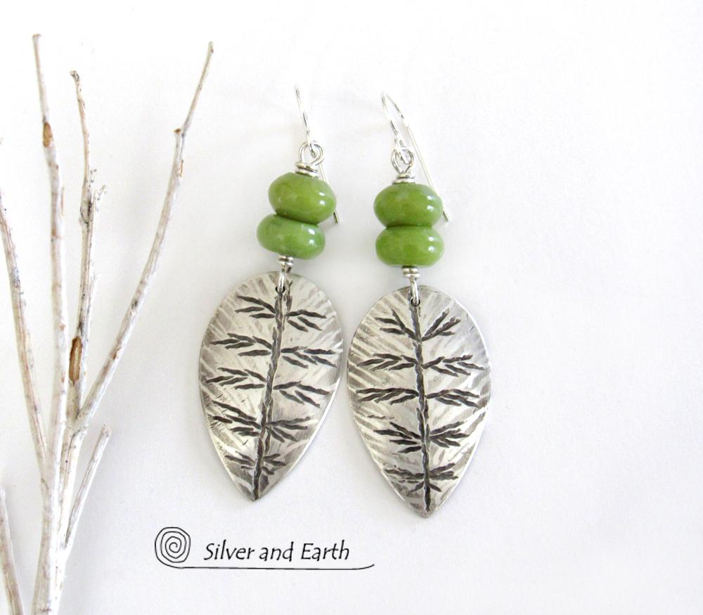 Solid silver earring Natural design Nature design silver leaves good Silver leaf earrings Sterling silver leaf earrings with long stems